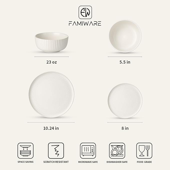 Famiware Starlight Dinnerware Sets, Plates and Bowls Dish Set of 4 (12 Pieces), Ribbed Textured Tableware - Dishwasher & Microwave Safe, Chip Resistant, Reactive Glaze, Matte Reactive White