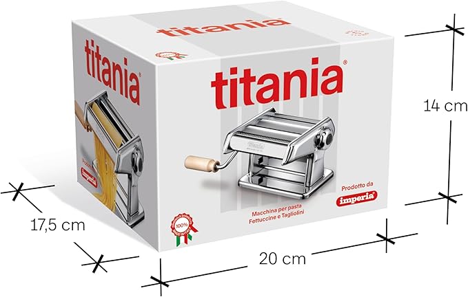 Imperia Titania Pasta Maker- Machine is 100% Made in Italy- Heavy Duty Steel Construction, Manual Roller with Wooden Handle- Cutter for Lasanga, Fettucine & More- Make Fresh Homemade Italian Noodles