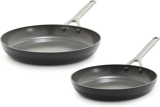 GreenPan x Bobby Flay 10” & 12” Ceramic Nonstick Frying Pan Set, PFAS-Free, Hard Anodized Cookware, Induction Compatible, Stainless Steel Handles, Oven & Broiler Safe to 600˚F, Dishwasher Safe, Black