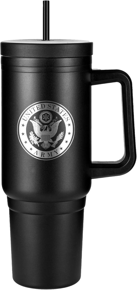 Army 40oz Insulated Tumbler with Handle, Lid & Straw - US ARMY Gifts - Use for Water, Tea, Coffee & More | Army 40oz Tumbler