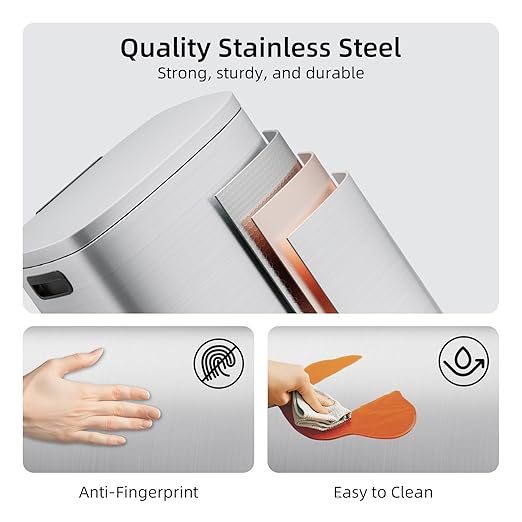 KUK 13 Gallon/50L Stainless Steel Kitchen Trash Can with Lid and Step Pedal-Large Capacity Garbage Bin with Odor Seal, Silent Close Lid, Removable Inner Bucket for Home, Kitchen, Bedroom, Silver