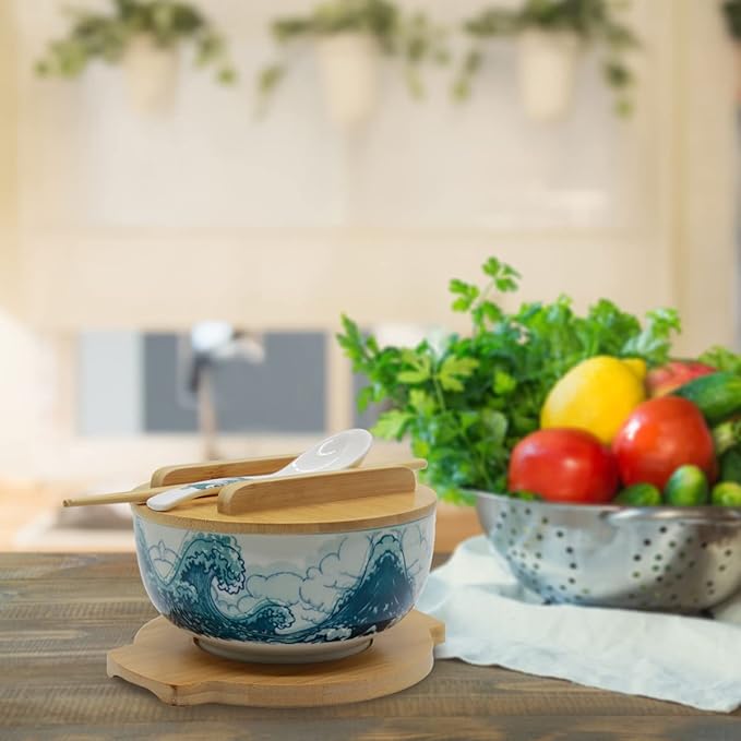 XWORLD Japanese Ceramic Ramen Noodle Bowls Set with Ceramic Spoon, Bamboo Chopsticks, Lid & Trivet, Serving Capacity of 33.8 OZ, Microwavable Oven Safety (3.3” x 6.6” D) (Blue Sea)