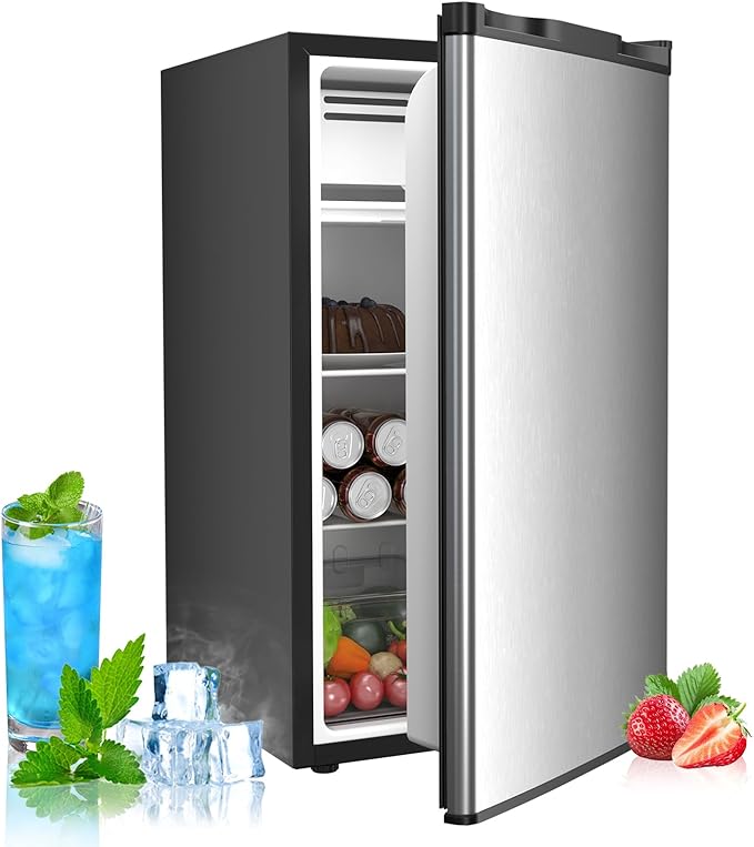 3.2 Cu.ft Mini Fridge with Freezer, Compact Refrigerator with Reversible Single Door, Adjustable Thermostat, Low Noise, Energy Efficient for Office, Dorm, Bedroom, Apartment