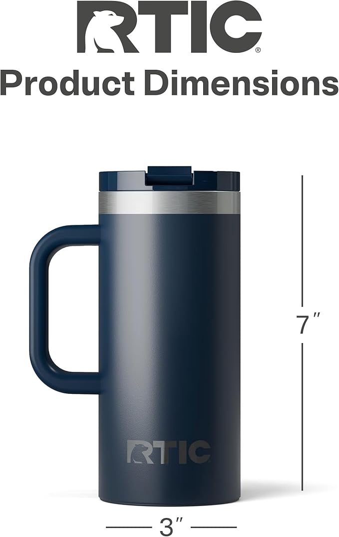 RTIC 16oz Road Trip Travel Mug with Lid and Handle, Ceramic Lined, Insulated, Stainless Steel, Metal, Double Wall Vacuum-Insulation, Portable Coffee, Tea Cup for Hot and Cold Drink, Navy
