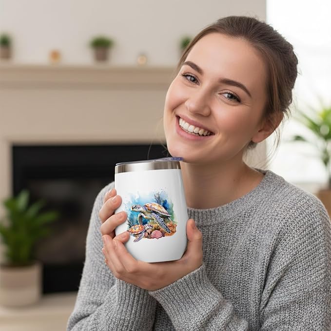 Sea Turtle Gifts for Women Men Sea Turtle Decor Stuff Wine Tumbler Insulated Wine Glasses 12 oz Tumbler with Lid for Women Men Turtles Lovers Female Girl Mom Coworker Birthday Christmas Friendship