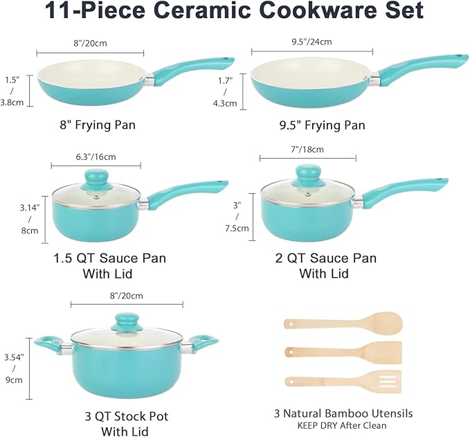 Pots and Pans Set Nonstick, 11pcs Kitchen Cookware Sets Induction Cookware, Ceramic Non Stick Cooking Set, Stay Cool Handle & Bamboo Kitchen Utensils, 100% PFOA Free, Turquoise
