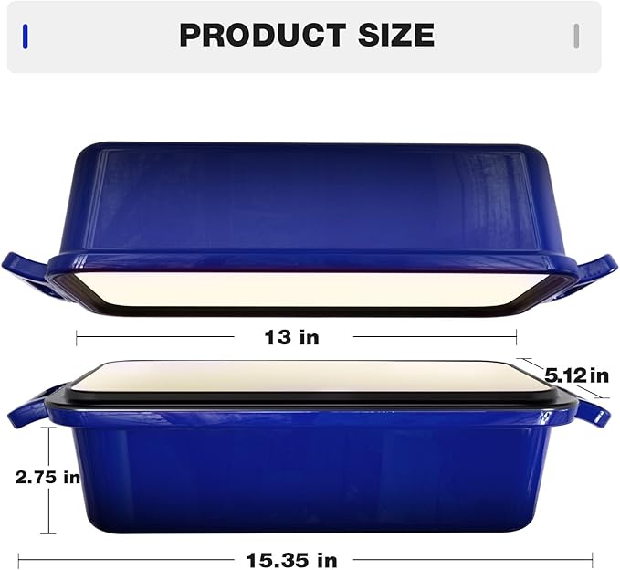 13x5 Enameled Cast Iron Loaf Pan with Lid – Bread Pan for Sourdough, Cake, Meatloaf, Even Heat, Nonstick, Easy to Clean, 2 Piece Set