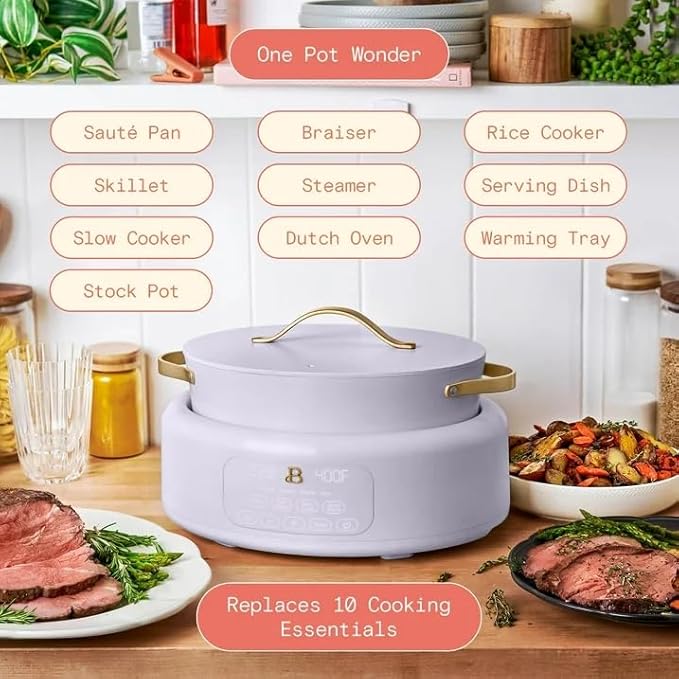 Beautiful™ 10-in-1 Electric Multi-Cooker, 6 Quart – Lavander, by Drew Barrymore, Slow Cook, Sauté, Steam, Rice, Pressure Cook, Sear, Warm & More, Programmable Digital Display, Dishwasher-Safe Pot