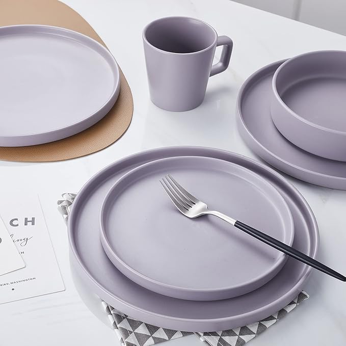 Stone Lain Cleo Modern Stoneware 16-Piece Dinnerware Set, Plates and Bowls Set, Dish Set Service For 4, Light Gray