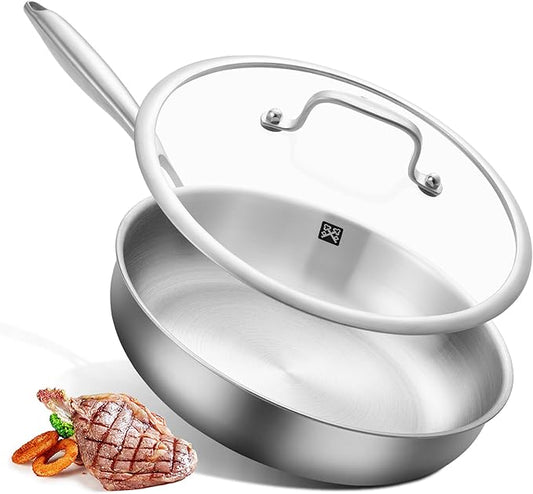 GOLDEN KEY 12 Inch Stainless Steel Frying Pan,Tri-Ply Stainless Steel Skillets with Lid,Stainless Steel Pans Oven Safe 600F, Fast & Even Heat,Compatible with All Cooktops,Dishwasher Safe