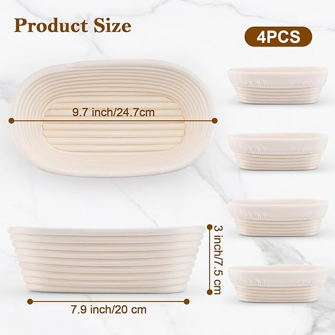 10 Inch Bread Banneton Proofing Basket Set of 4 Oval Sourdough Bread Baking Supplies Rattan Banneton Dough Proofing Bowls with Liners Sourdough Starter Kit for Home Dough Making and Baking