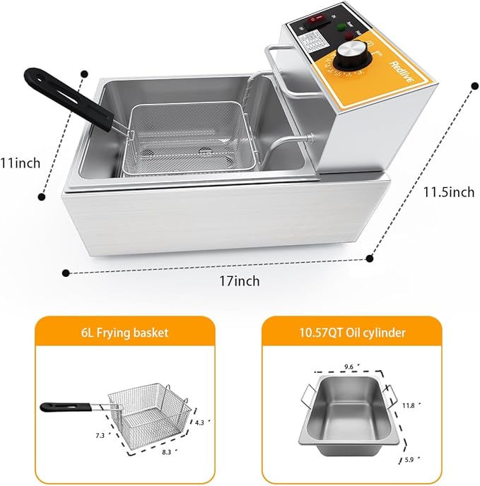 Electric Deep Fryer 10L/10.5QT Stainless Steel Single Tank Commercial Fryer with Basket, 1700W 110V Countertop Deep Fryer for Home Kitchen and Restaurant Use with Oil Thermometer & Temperature Control