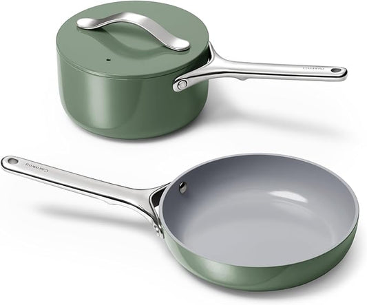 Caraway Mini Cookware Set - Non-Stick Ceramic Fry Pan (1.05 qt, 8") Sauce Pan (1.75 qt) & Storage Rack - Non Toxic, PTFE & PFOA Free - Oven Safe & Stovetop Agnostic (Gas, Electric & Induction) - Sage