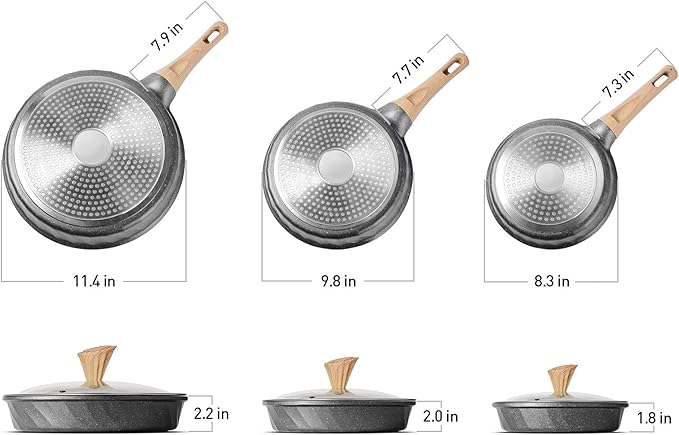 Non Stick Frying Pan Set - Stone Skillet Set, Kitchen Omelette Pans, Induction Chef' Pan Grainte Cookware Set, Nonstick Frying Pans with Lid(8inch&9.5inch&11inch)