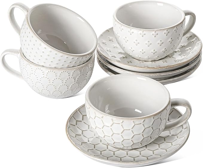 LE TAUCI Cappuccino Cups with Saucers 8 oz, Ceramic Large Coffee Cup for Au Lait, Double shot, Latte, Cafe Mocha, Tea, Dishwasher Safe - Set of 4, Arctic white