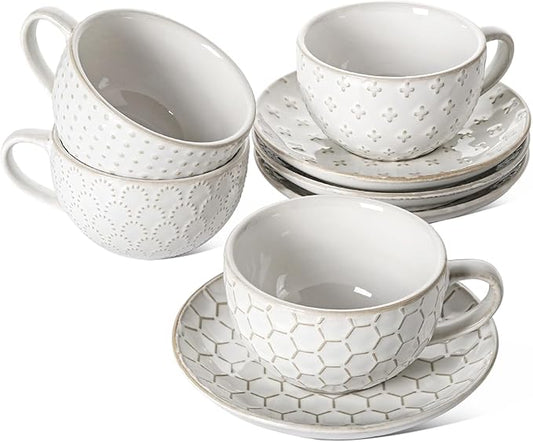 LE TAUCI Cappuccino Cups with Saucers 8 oz, Ceramic Large Coffee Cup for Au Lait, Double shot, Latte, Cafe Mocha, Tea, Dishwasher Safe - Set of 4, Arctic white