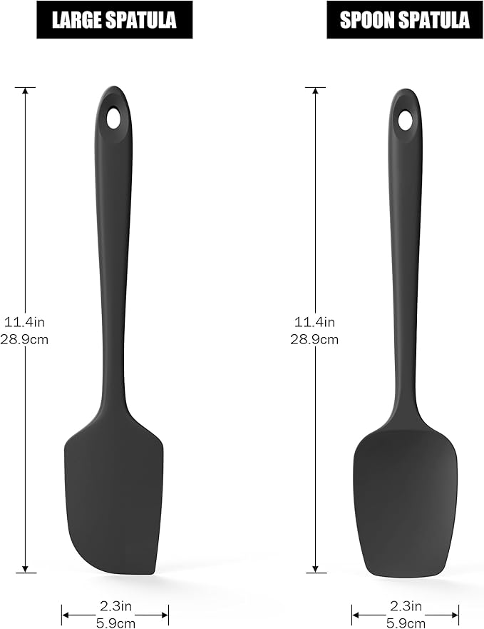2-Piece Silicone Scraper & Spoon Spatulas: Doosu 600°F Heat Resistant Food Grade BPA Free Rubber Baking Flat Spatula Kitchen Cooking Spoonula for Mixing, Scraping, Folding, Stirring, Serving (Black)