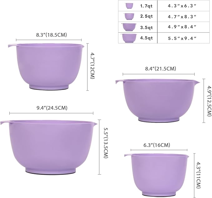BoxedHome Nesting Plastic Mixing Bowl Set, 4 Piece Mixing Bowl Set with Pour Spouts, Size 1.7, 2.5, 3.5 and 4.5qt, for Prepping, Mixing, Baking, Cooking(2023 New Version, Purple)