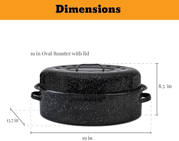 Granite Ware 19 inch oval roaster with Lid, Oval Rack included (Speckled Black) - design to accommodate up to 20 lb poultry/roast. Resists up to 932°F