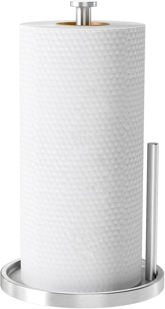 Paper Towel Holder Countertop, Standing Paper Roll Holder with Anti Slip Weighted Base, Stainless Steel Freestanding Paper Towel Holder for Kitchen, Silver
