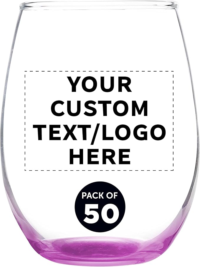 Custom Stemless Wine Glass 9 oz. Set of 50, Personalized Bulk Pack - Great for Wedding Favors, Bachelorette Party Decorations, Party Favors, Color Bottom - Pink