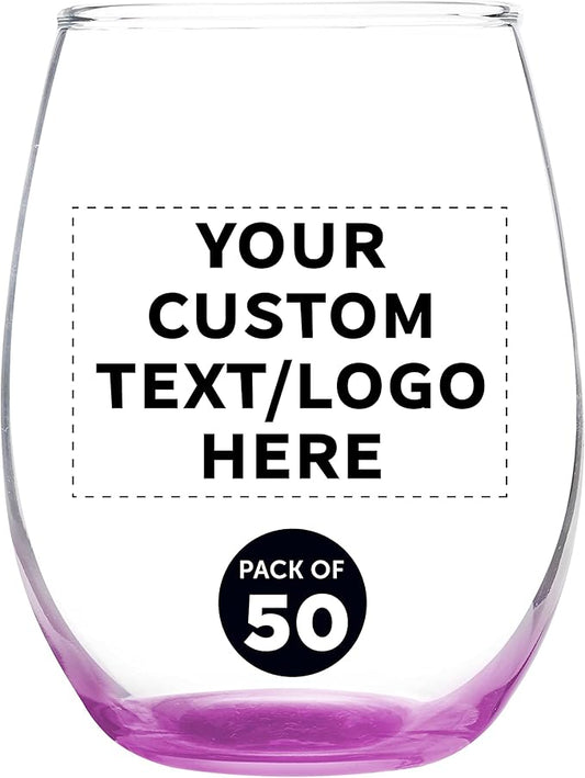 Custom Stemless Wine Glass 9 oz. Set of 50, Personalized Bulk Pack - Great for Wedding Favors, Bachelorette Party Decorations, Party Favors, Color Bottom - Pink