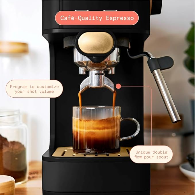 Beautiful Slim Espresso Maker by Drew Barrymore – 20‑Bar Pressure, Dual‑Spout 52 mm Portafilter, 50 oz Removable Tank, 2‑in‑1 Steam Wand & Touch Controls (Black Sesame)