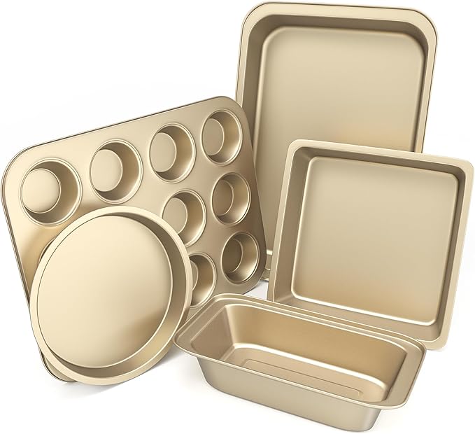 Baking Pans Set, 5-Piece Nonstick Bakeware Sets with Round/Square Cake Pan, Muffin Loaf Roast Pan, Baking Sheets for Oven, Kitchen Cookware Sets Baking Tray Baking Supplies, Gold