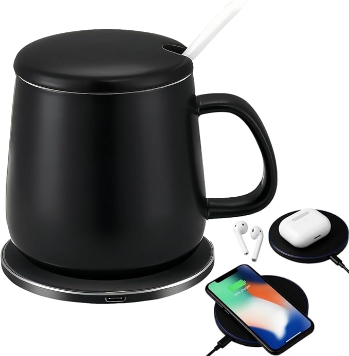 Smart Temperature Control Mug, 13 Oz Premium Ceramic Coffee Cup with 15W Wireless Charger, Charges Phones, Matte Black