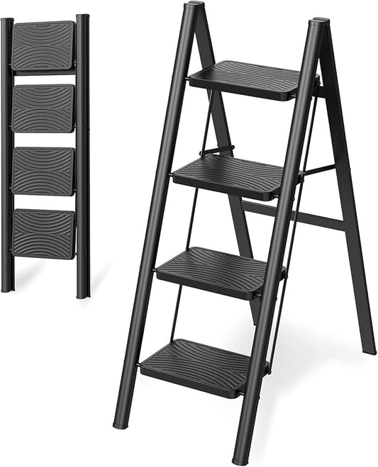 HBTower Step Ladder, 4 Step Ladder Folding Step Stool, Portable Sturdy Steel Ladder for Adults Home Outdoor Kitchen Garage,Black