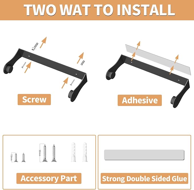 Paper Towel Holder Under Cabinet, Stainless Steel, Wall Mount, Black Adhesive Paper Roll Holder for Kitchen and Bathroom