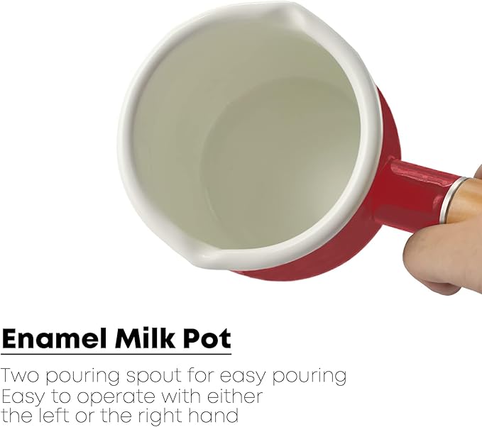 0.6qt Mini Enamel Milk Pot Insulated Wooden Handle 2 Pour Spouts Small Food Warmer Cute Saucepan (D015,RED)