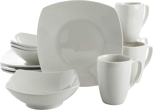 Gibson Home Amelia Court Porcelain Chip and Scratch Resistant Dinnerware set, Service for 4 (12pcs), White (Soft Square)