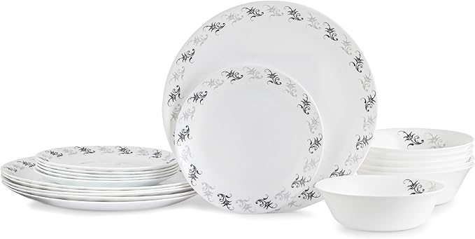 Cello Regal Dinnerware Set of 18 pieces, Service for 6, Chip & Scratch Resistant, Lightweight Round Plates and Bowls Set, Microwave & Dishwasher safe, Opalware Dinner Set, Black Magic