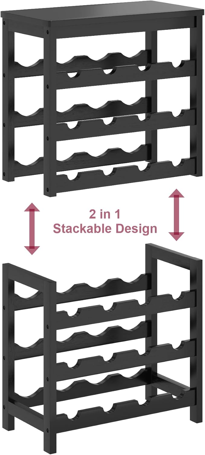 6 Tier Bamboo Wine Rack Freestanding Floor, 24 Bottles Wine Storage Shelves with Table Top, Stackable Wine Display Rack for Kitchen, Bar, Dining Room, Black
