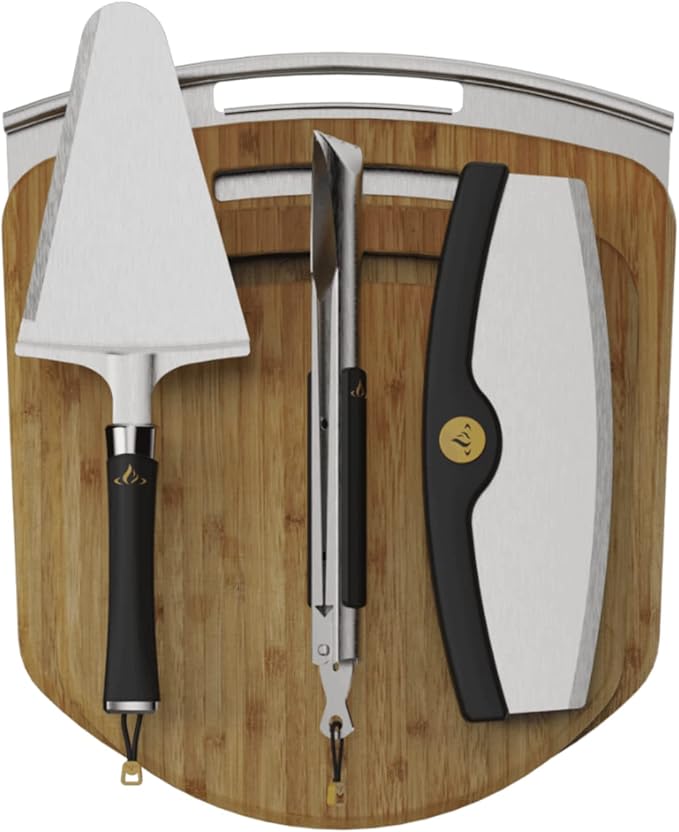 HALO Cook & Serve Pizza Kit | Premium Stainless-Steel Peel | Mezzaluna Style Pizza Cutter | Bamboo Cutting Boards | Quality Pizza Tongs