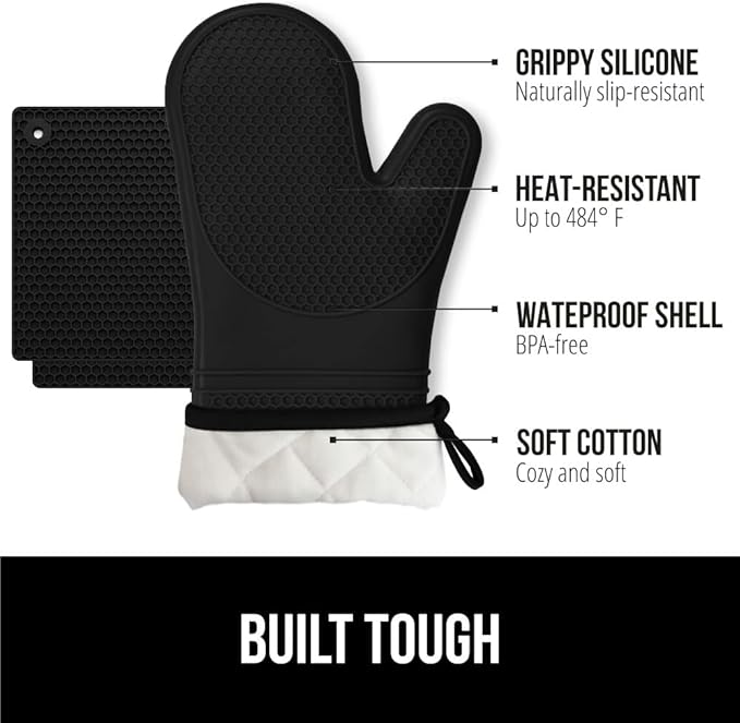 GORILLA GRIP BPA-Free Soft Silicone Oven Mitts and Pot Holders Sets of 4, Heat Resistant Waterproof Cooking Gloves, Thick Cotton Lining, Flexible Gripping for Baking Grilling, Kitchen Trivets, Black