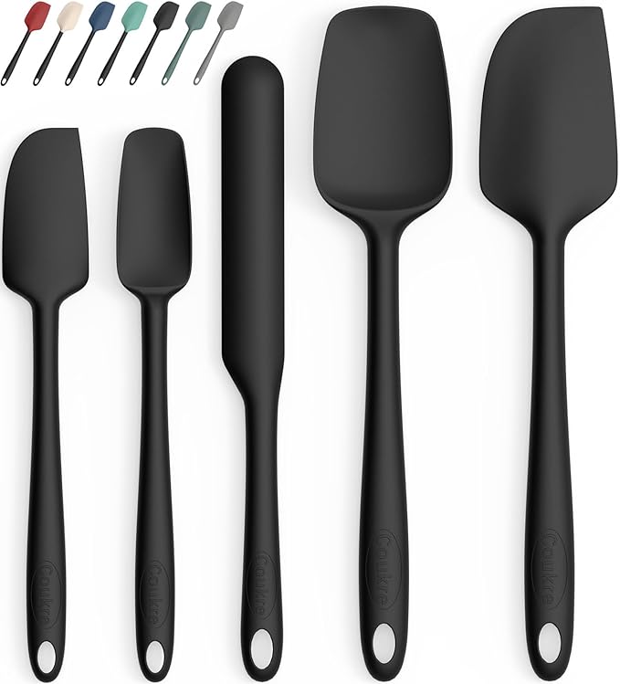 Coukre Silicone Spatula Set of 5,High Heat Resistant, Food Grade Silicone, Upgraded Extended Reinforced Handle,Dishwasher Safe, for Baking, Cooking (Pure Black, Solid color)