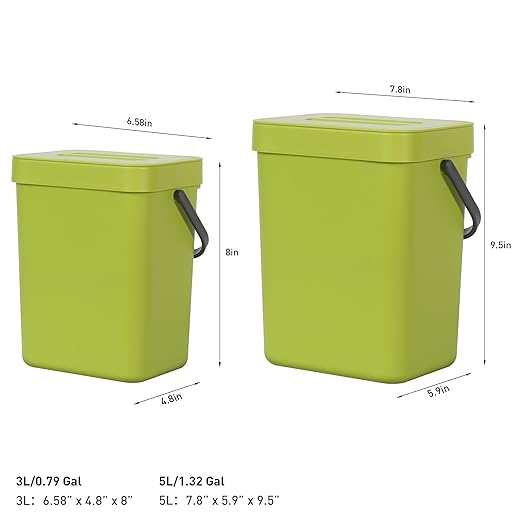 EKO Puro Mini Wall-Mounted Kitchen Trash Can with Lid Food Waste Caddy, 0.79 Gal / 3L (Green)