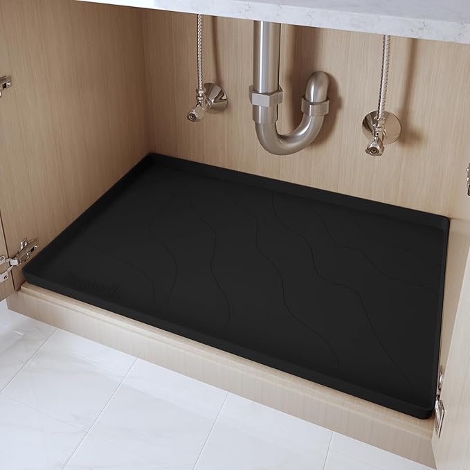 Premium Under Sink Mats for Kitchen Waterproof 34" x 22", Extra Thick Non-Slip Silicone Under Sink Liner Drip Tray, Raised Edge Under Sink Cabinet Mat ,Prevent Drips, Leaks, Spills,Black