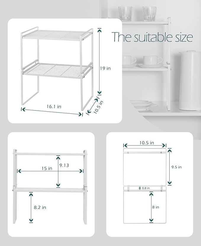 2Pack Kitchen Cabinet Shelf Counter Organizer Rack Pantry Storage Bathroom Bedroom Office Table Desk Space Saving Stackable Rust Resistant Non Slip White Tall Wide L16.1in W10.6in H9.5in