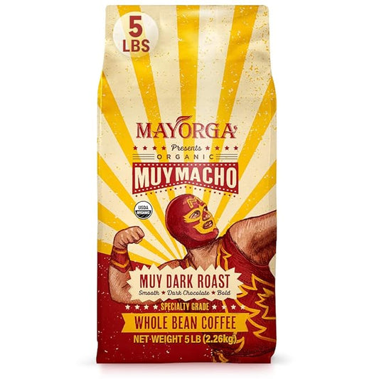 Mayorga Intense Dark Roast Coffee, 5 lb bag - Muy Macho Blend, the World's Strongest Organic Coffee - 100% Arabica Whole Coffee Beans - Bold Flavor - Specialty Grade, Non-GMO, Direct Trade