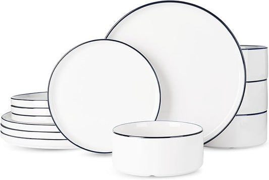 Famiware Porcelain Dinnerware Set, 12-Piece Modern Plate and Bowl Set, Dish Set for 4, Microwave and Dishwasher Safe Tableware, White with Blue Trim