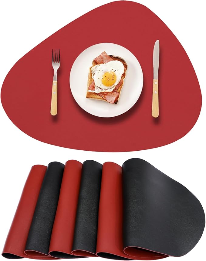 Faux Leather Placemats Set of 6 Wipeable,Round Reversible PU Placemat for Dining Table,Heat Resistant Waterproof Anti Slip Table Mats,Modern Table Protectors(Black and Red)