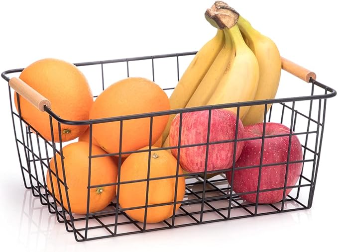 LeleCAT Wire Baskets with Wooden Handles Wire Storage Organizer Bin Baskets, Pantry, Closets, Bedrooms - Set of 2（Black）