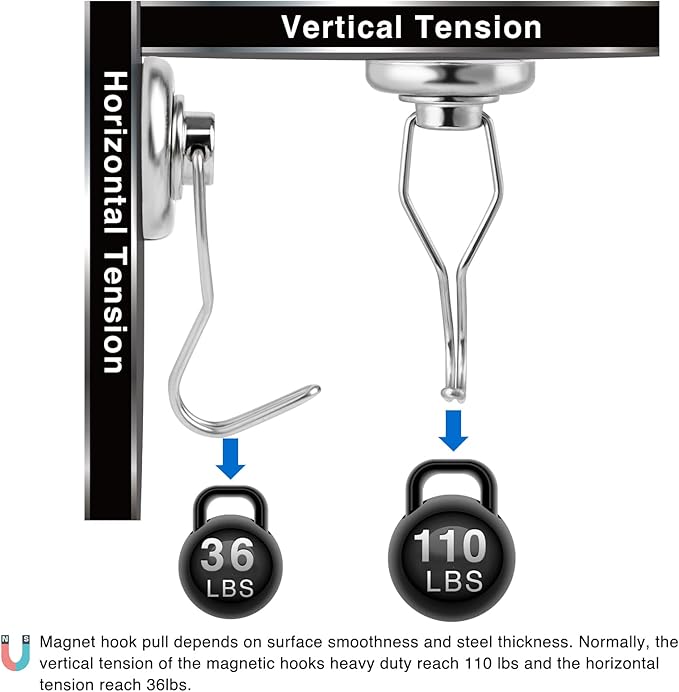 LOVIMAG Hooks, 110lbs+ Magnetic Magnet Hook 2025 Cruise Cabin Ship Essentials Heavy Duty Strong Refrigerator Fridge Hanging for Classroom Beach Vacation Kitchen Grills Home Mug Hanger (8 Pack), Silver