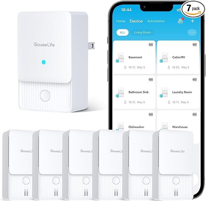 GoveeLife WiFi Water Leak Detector 2 for Home, Smart Water Ieak Sensor 6 Pack with 100dB Adjustable Alarm and App Alerts, LoRa Up to 1968ft Open-Air Transmission Range for Basement, Kitchen, Bathroom