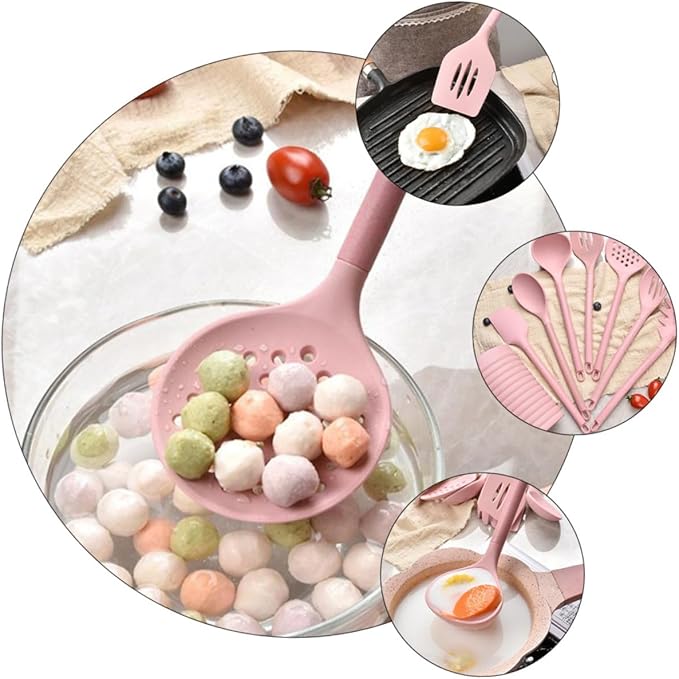 Silicone Kitchenware with Wooden Handles Cooking Utensil Kit Including Spatula and Spoon with Storage Bucket Heat Resistant Non-stick Silicone Tools for Home and Restaurant Cooking