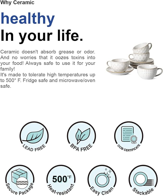 LE TAUCI Espresso Cups with Saucers 3 oz, Ceramic Embossment Coffee Cup for Double shot, Lungo, Ristretto,Dishwasher Safe - Set of 4, Arctic white