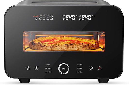 Pizza Oven Indoor, Makes 12 Inch Pizzas in 90 Seconds, 840°F Countertop Electric Pizza Maker with 6 Preset Modes, Pizza Stone, Peel & Touchscreen Controls - Stainless Steel